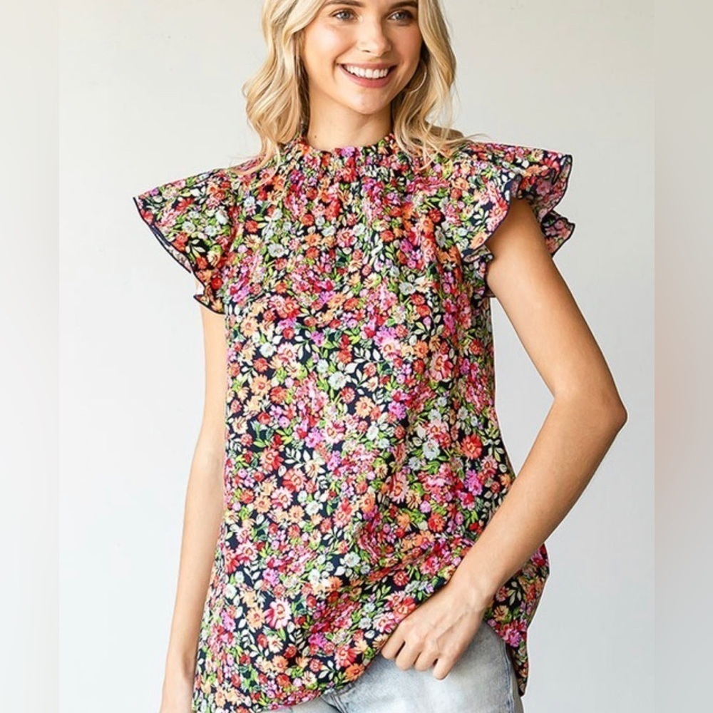 First Love Multicolor Ditsy Floral Mock Neck Ruffle Flutter Sleeve Blouse NWOT M